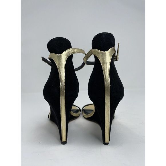 BRIAN ATWOOD Heels Womens 8 Black Suede Wedge Sandals Ankle Strap Gold Detail - Picture 5 of 11
